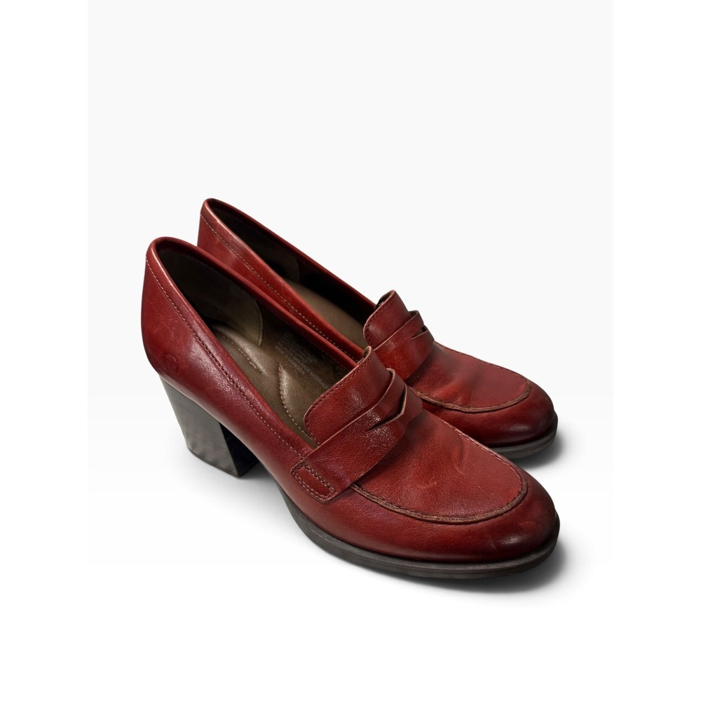 Born Holliston Red Leather Heeled Penny Loafers Block Heel Shoes Womens 8M
